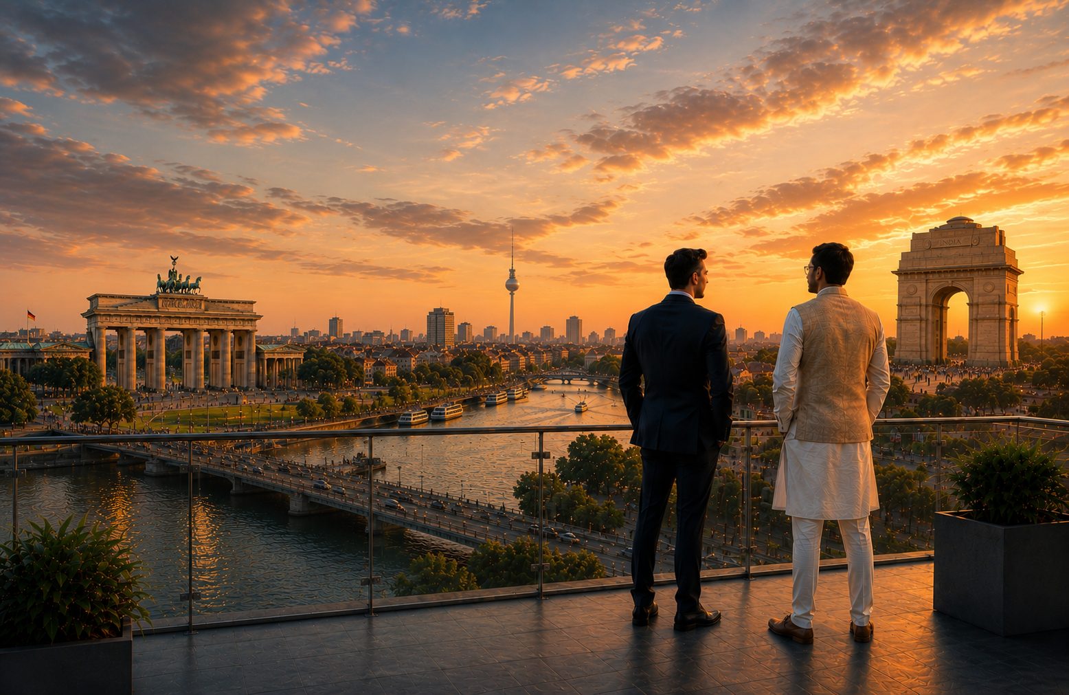 Zwei Geschäftspartner auf einer Dachterrasse mit Blick auf Berlin und Delhi